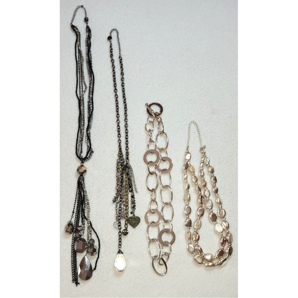 Lot of 4 Silvertone Necklaces Fringe Open Metal Circles Beaded Boho Y2k